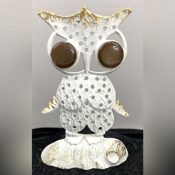 Retro 60s 70s Metal White Owl Earring Jewelry Holder Brown Moon Glow Lucite Eyes - Picture 1 of 7